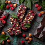 Homemade keto chocolate bars and nut cups on rustic green leaves with geometric chocolate slabs