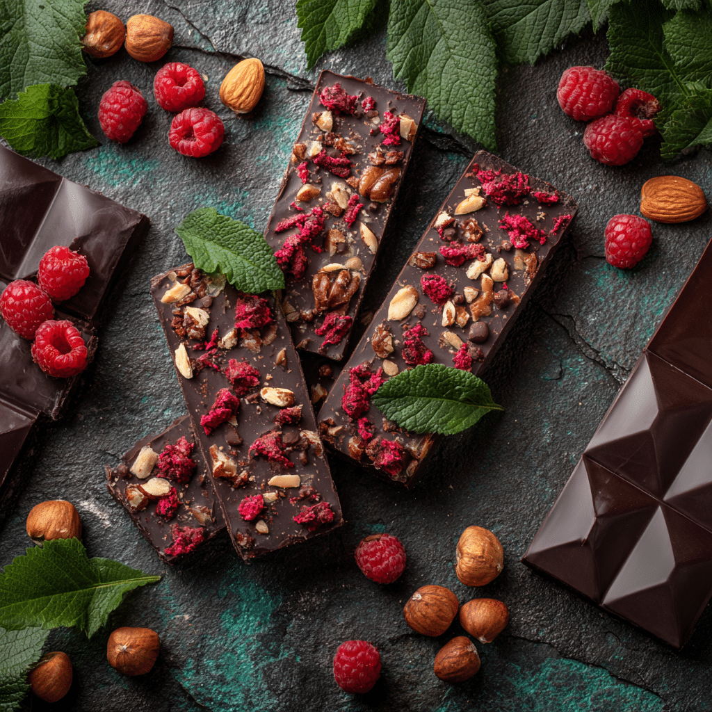 Rustic Keto Chocolate Bars with Nuts and Freeze-Dried Raspberries Homemade keto chocolate bars and nut cups on rustic green leaves with geometric chocolate slabs
