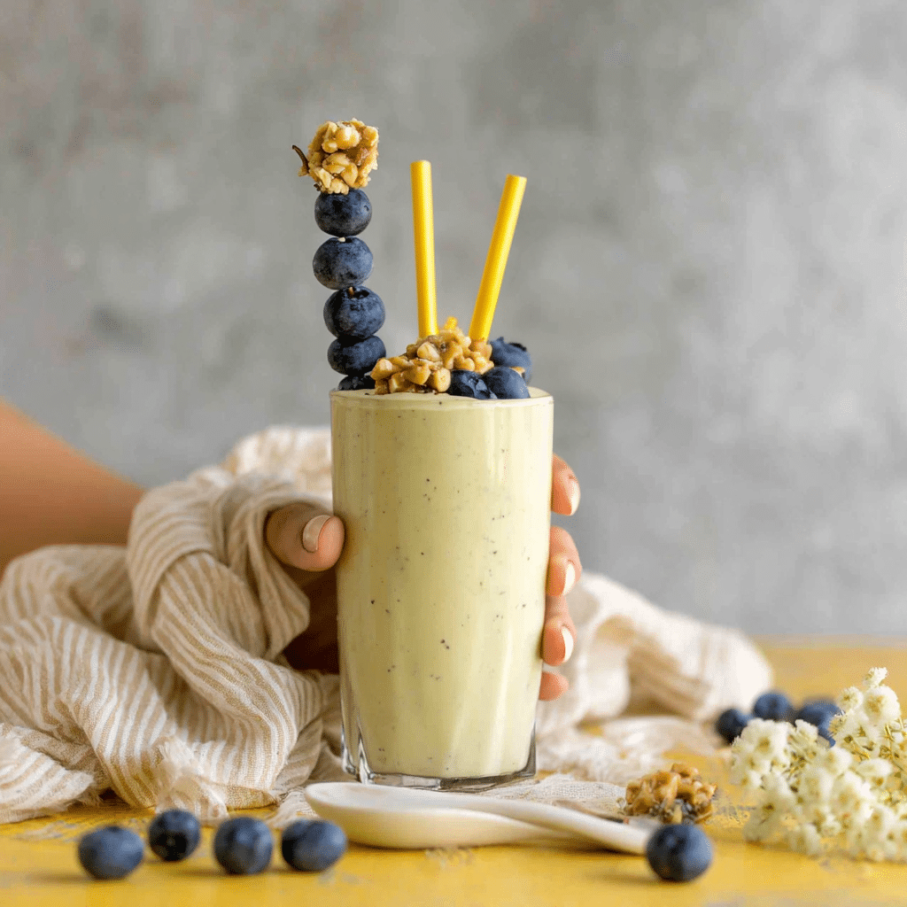 Serving Low Carb Blueberry Protein Smoothie with Fresh Blueberries Hand holding a glass of creamy low carb blueberry protein smoothie topped with blueberries and nuts, with yellow straws and scattered blueberries on a yellow background.