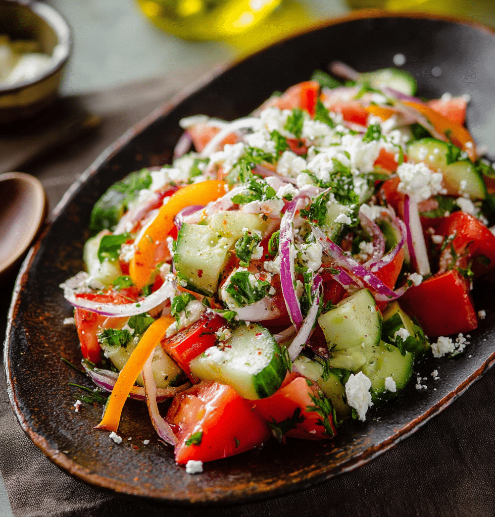 serving-shopska-salad Shopska salad with tomatoes, cucumbers, onions, peppers, and grated cheese on a dark plate.