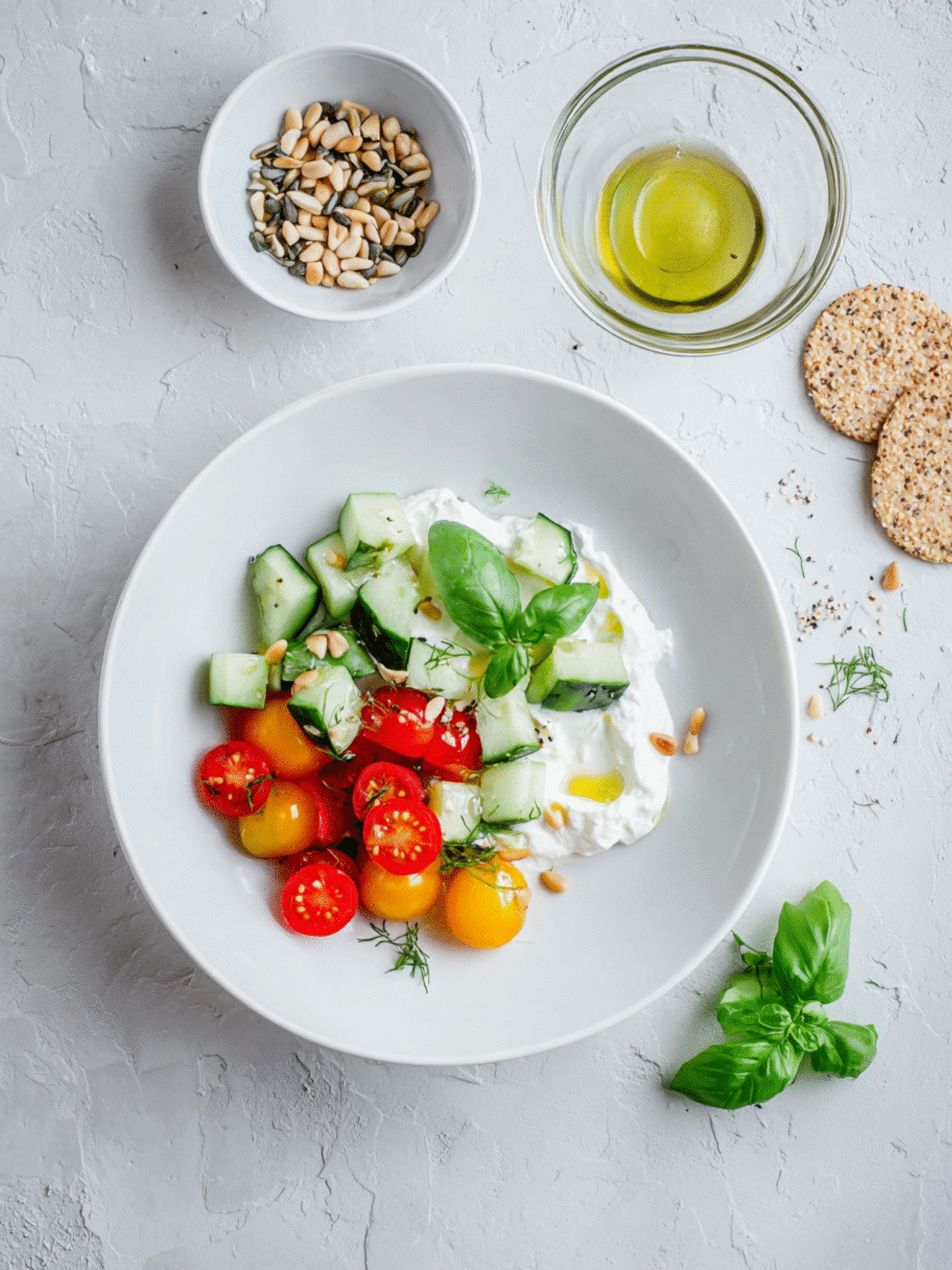 Fresh and Healthy Cottage Cheese Veggie Bowl Cottage cheese bowl with tomatoes, cucumber, olive oil, and basil on white background with side bowls of seeds and oil