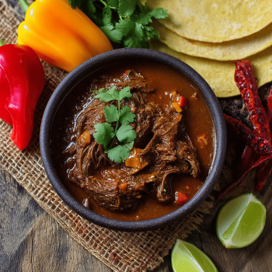 Serving Instant Pot Mexican Shredded Beef Instant Pot Mexican shredded beef in a rustic black bowl, garnished with cilantro and surrounded by corn tortillas, peppers and lime wedges