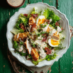 Served keto chicken Caesar salad with grilled chicken, beef bacon, eggs, and creamy dressing on fresh romaine lettuce.