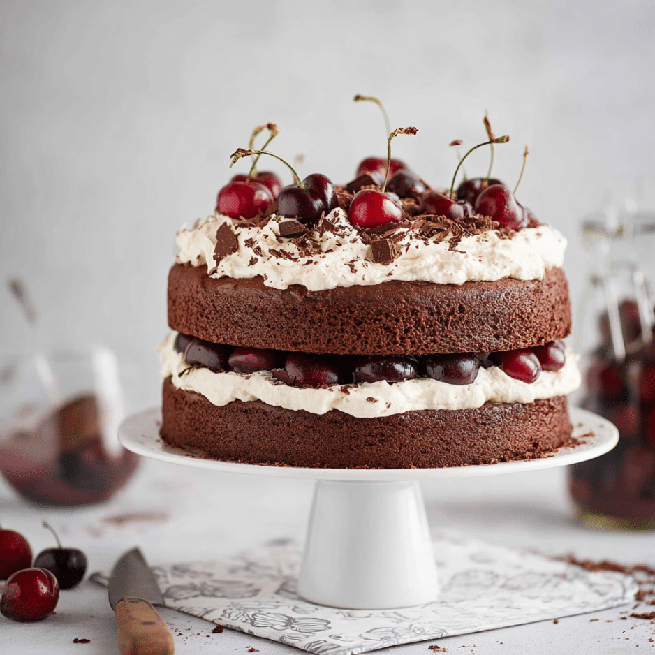 Keto Chocolate Cake with Black Forest Twist Keto Black Forest cake with whipped cream, cherries, and dark chocolate