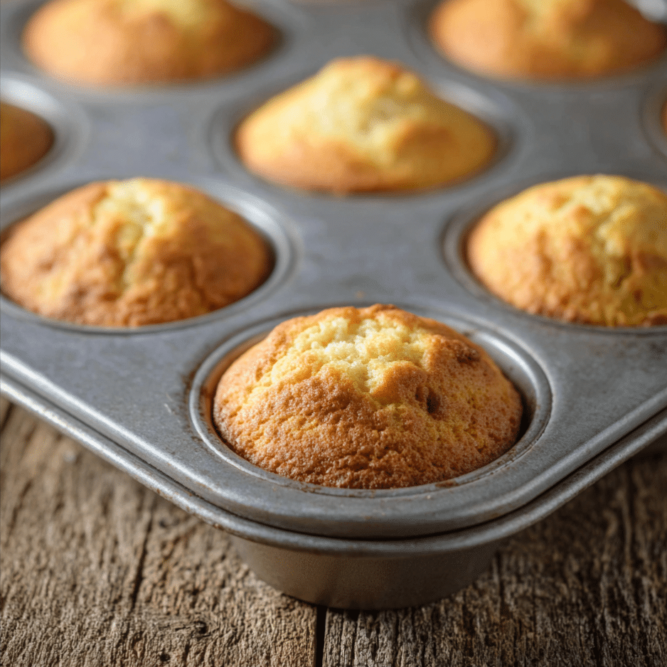 Baked Keto Cupcakes in Muffin Tray Golden brown keto cupcakes in a nonstick muffin pan on wooden background
