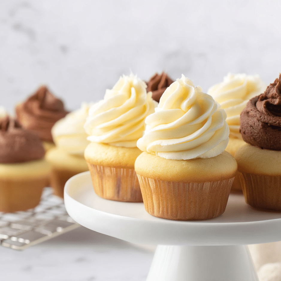 Close-Up of Cupcakes with Keto Frosting Chocolate and vanilla cupcakes topped with keto buttercream frosting