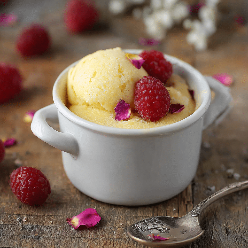 Keto Vanilla Mug Cake Ready to Serve Keto vanilla mug cake served in white ramekin with fresh raspberries