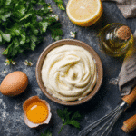 Low carb mayonnaise in a blue ceramic bowl with eggs, lemon, parsley, and mustard on a rustic gray