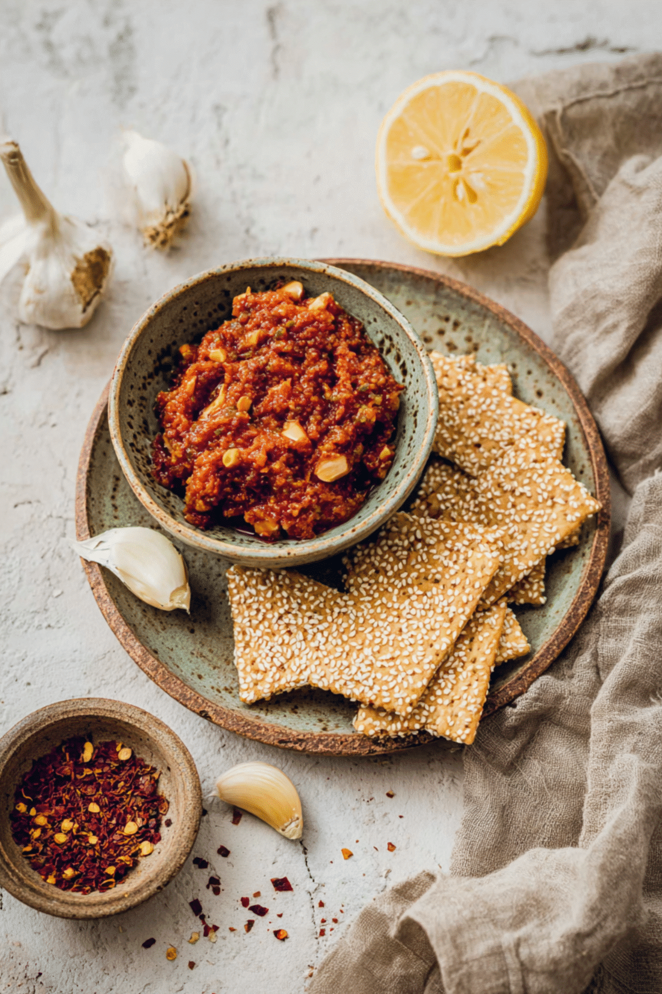 Pesto Rosso as a Dip with Crackers and Garlic Pesto rosso served with sesame crackers, garlic, and lemon on a plate