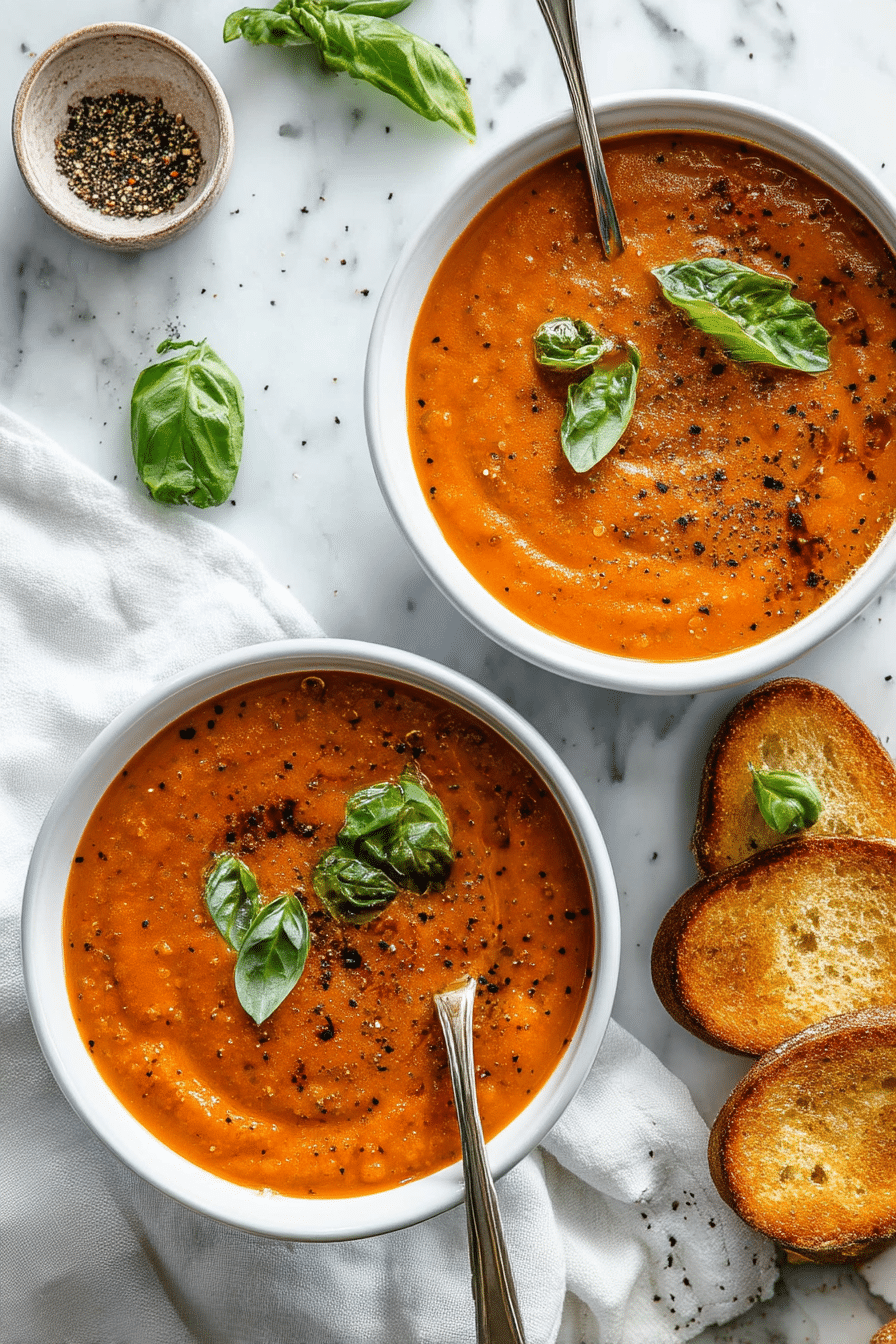 Roasted Tomato Garlic Soup with Toasted Bread Two bowls of roasted tomato garlic soup with basil and toasted bread on a marble surface.