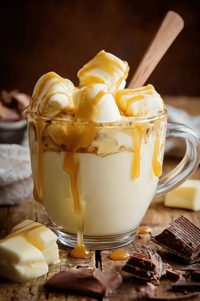 Caramel-drizzled sugar free marshmallows in creamy hot drink