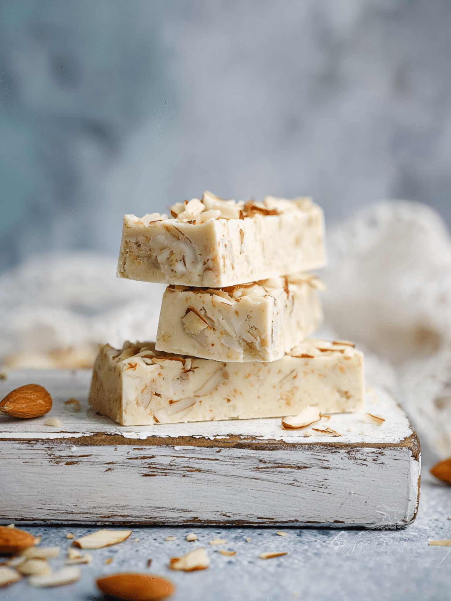 Served Vanilla Nougat Keto Protein Bars with Almonds Serving Vanilla Nougat Keto Protein Bars with flaked almonds on top