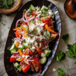 Traditional Shopska salad on dark oval platter with cheese, onions, and tomatoes.