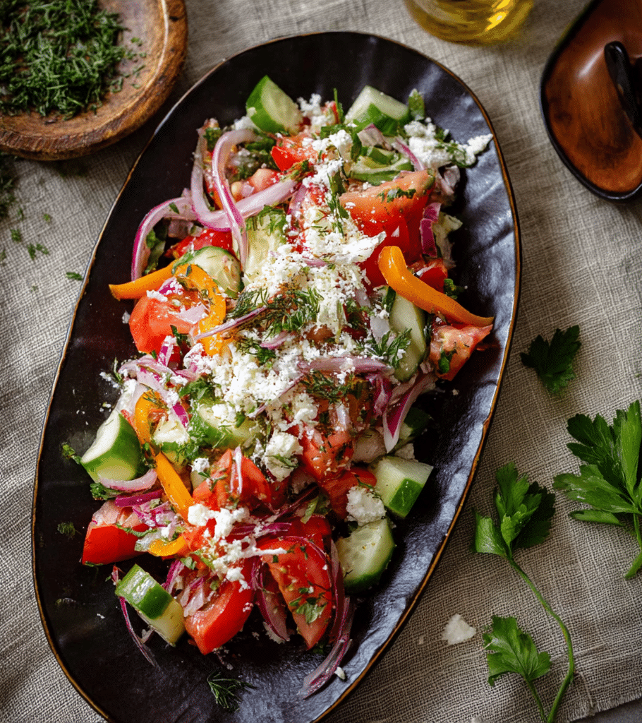 shopska-salad Traditional Shopska salad on dark oval platter with cheese, onions, and tomatoes.