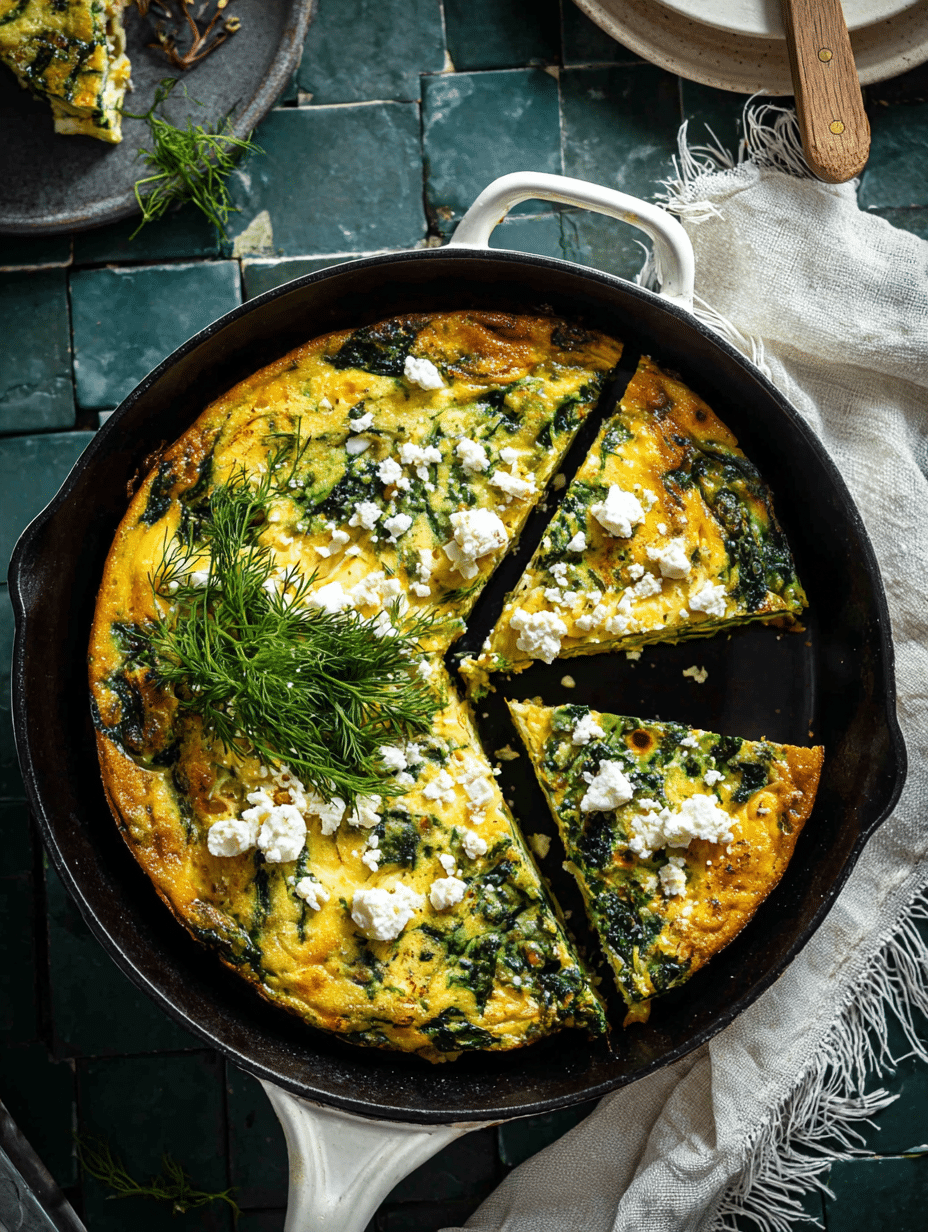 Whole Spinach and Feta Crustless Quiche with Dill Whole spinach and feta crustless quiche in a skillet