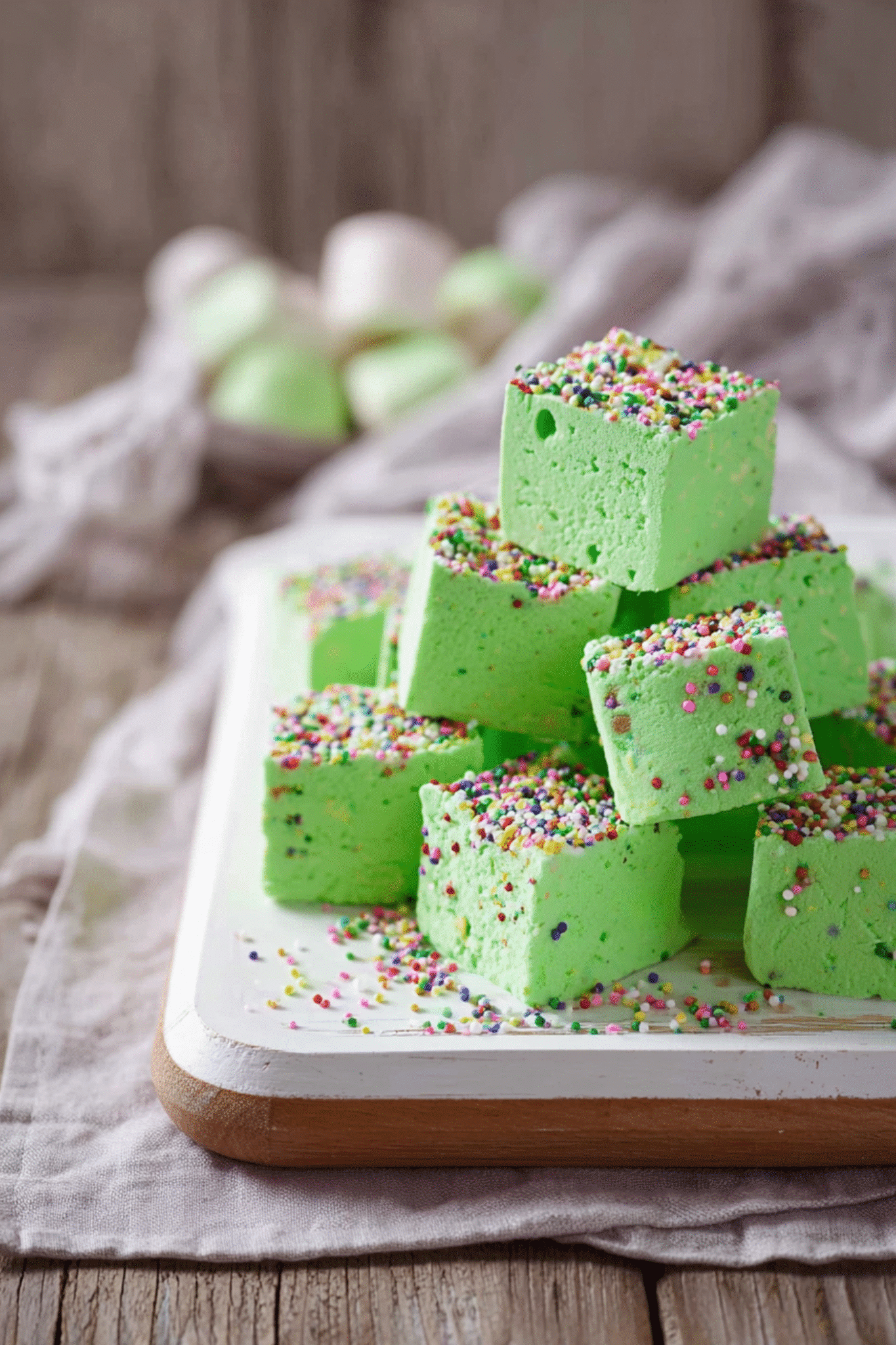 Colorful Sugar Free Marshmallows with Rainbow Sprinkles Green sugar free marshmallows with sprinkles on serving tray