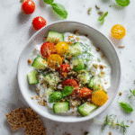 Bowl of whipped cottage cheese topped with colorful cherry tomatoes, cucumber, basil, and seeds