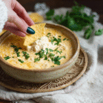 Tortilla chip dipped into warm, creamy cottage cheese queso