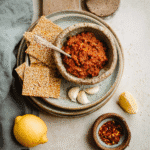 Tasty homemade pesto rosso in a ceramic bowl with crackers and garlic