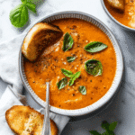 Close-up of roasted tomato garlic soup in a textured bowl with fresh basil and bread.