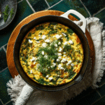 Crustless quiche with spinach and feta garnished with fresh dill