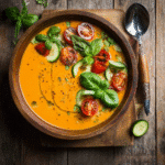 Garnished Thermomix Gazpacho with fresh basil and vegetables