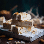 Tasty Vanilla Nougat Keto Protein Bars with visible almonds on wood