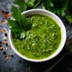 Chunky cilantro chimichurri ready to serve