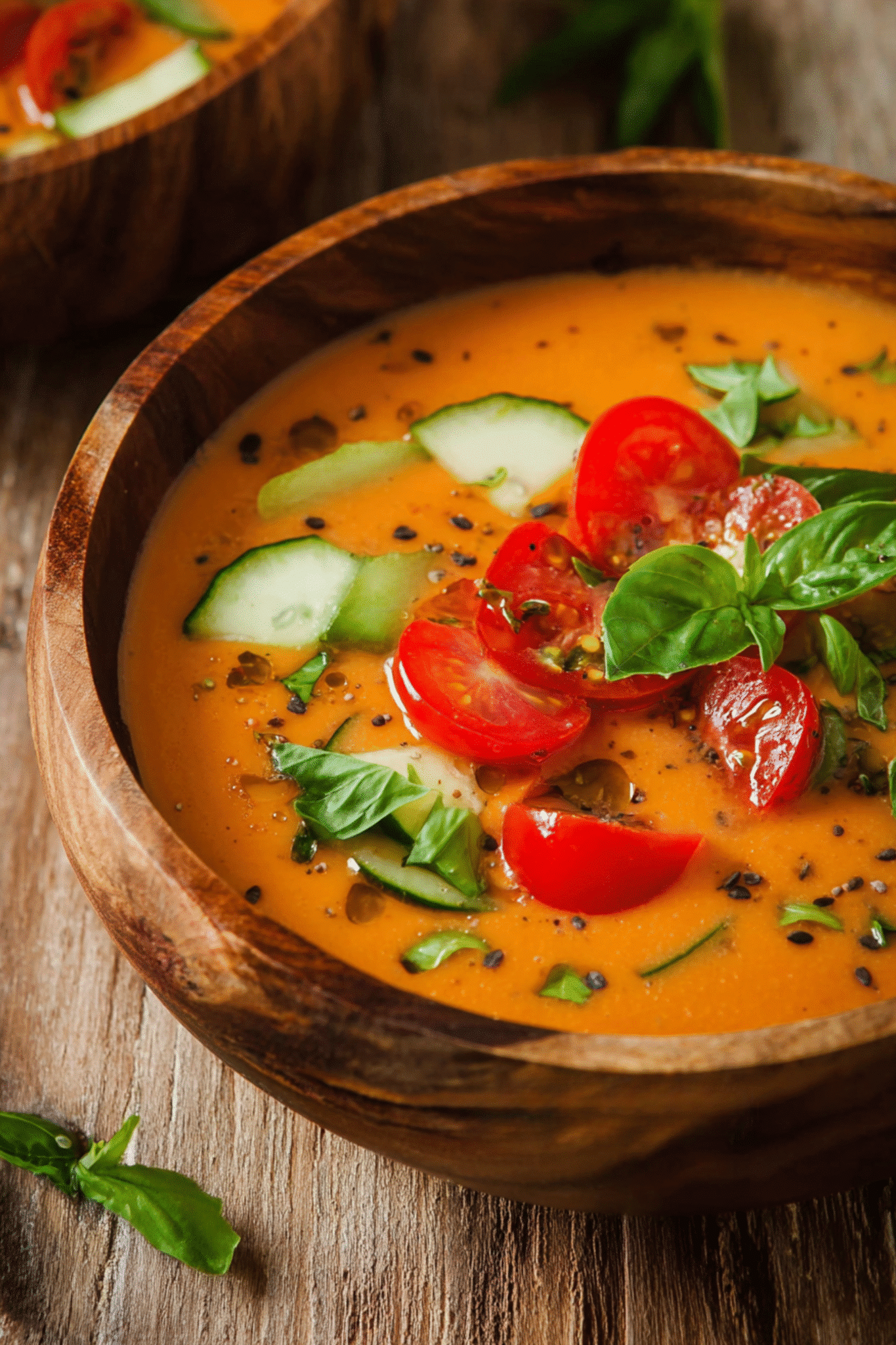 Fresh Thermomix Gazpacho with Summer Vegetables Close-up of Thermomix Gazpacho with tomato and cucumber