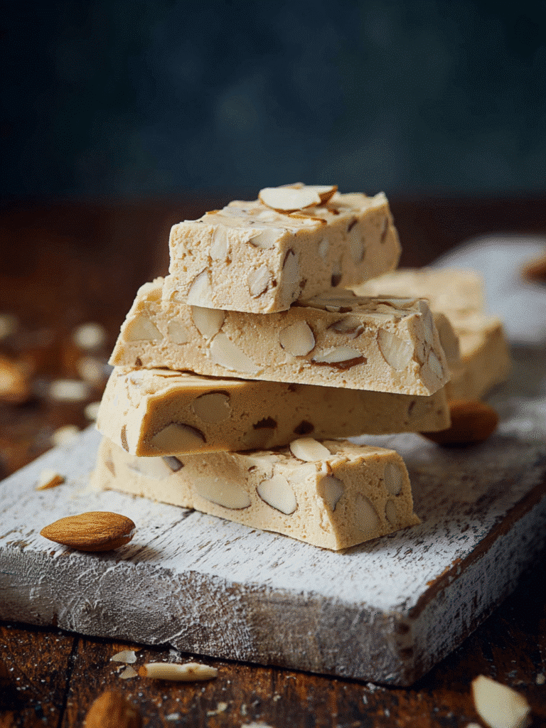 Vanilla Nougat Keto Protein Bars stacked with almonds on rustic board