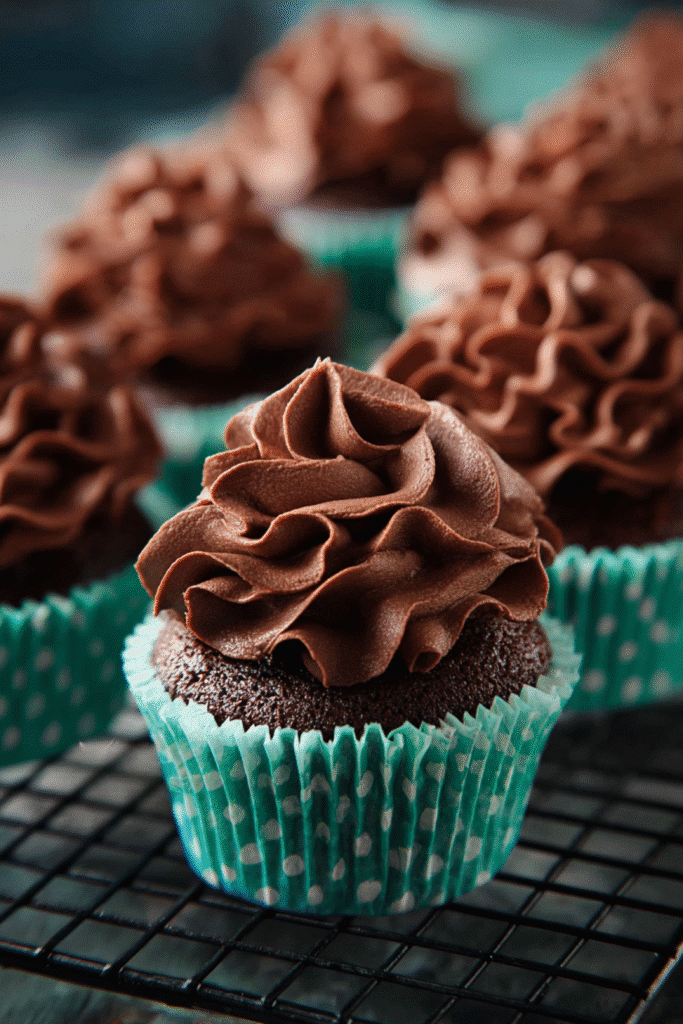 Whipped ganache recipe chocolate cupcakes in green wrappers