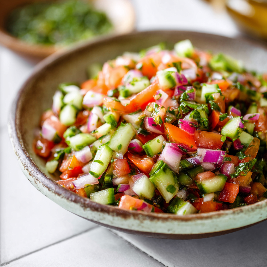 Fresh and Colorful Arabic Salad in Ceramic Bowl Close-up of traditional Arabic salad with cucumbers, tomatoes, red onion, and parsley
