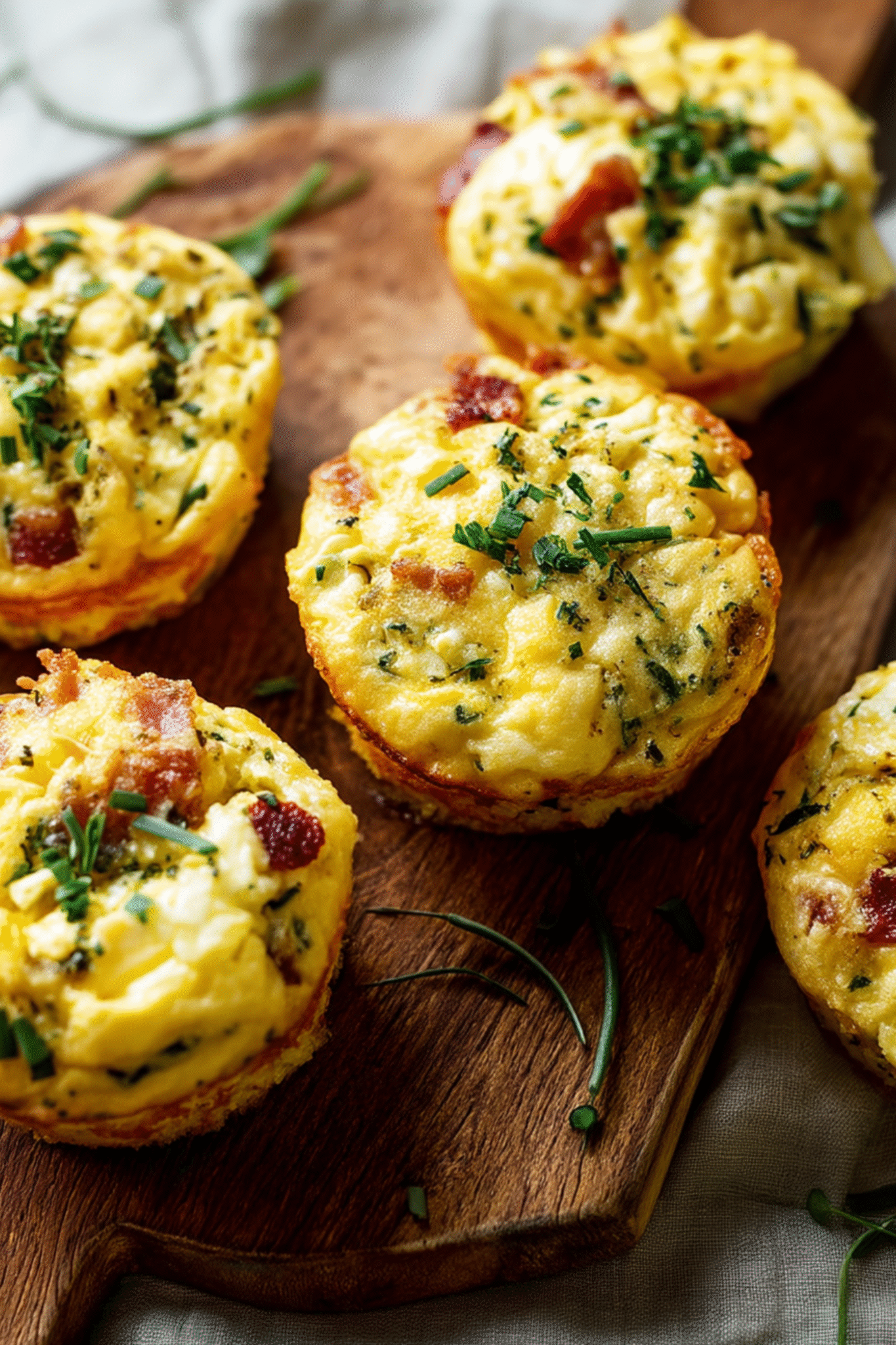 Freshly Baked Bacon Egg And Cheese Muffins with Chives Beef Bacon Egg And Cheese Muffins garnished with herbs on a wooden board