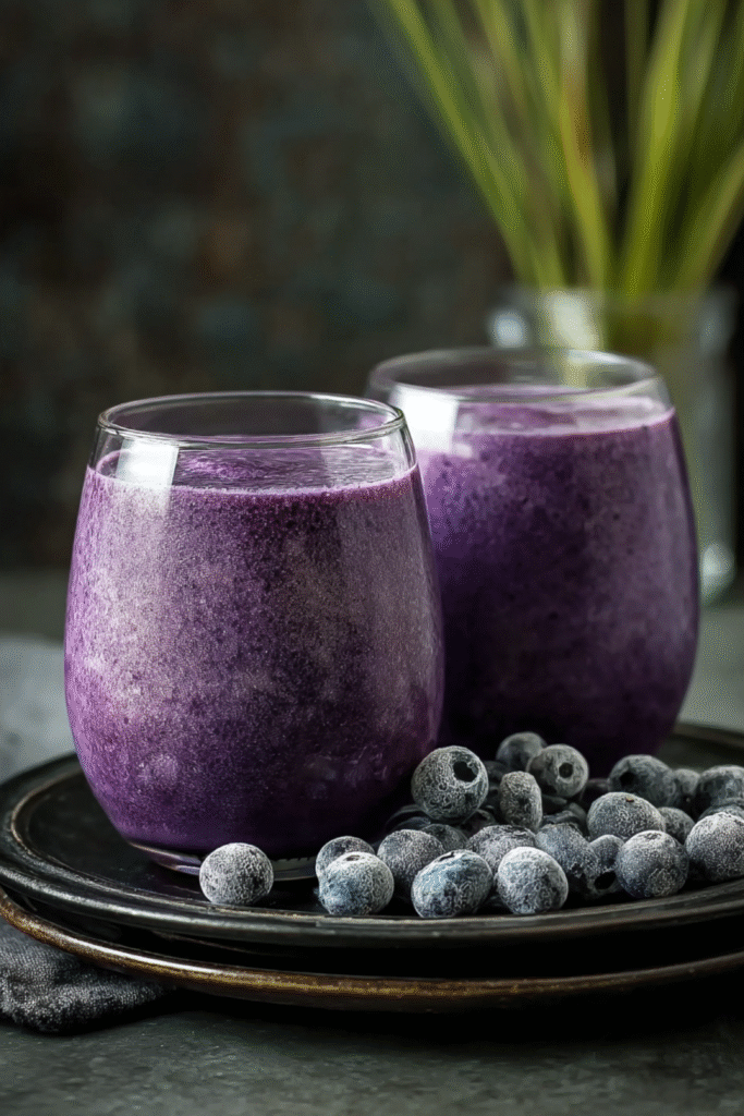 Blueberry almond milk smoothie in glass with frozen blueberries on plate