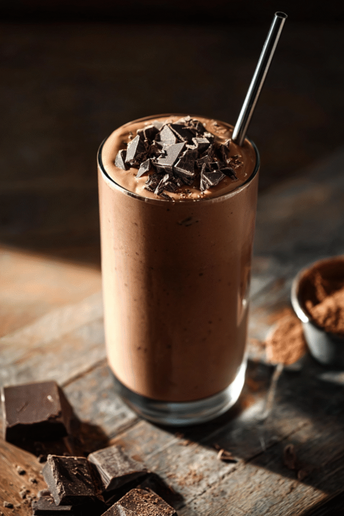 Chocolate Peanut Butter Smoothie in a tall glass with chocolate chunks