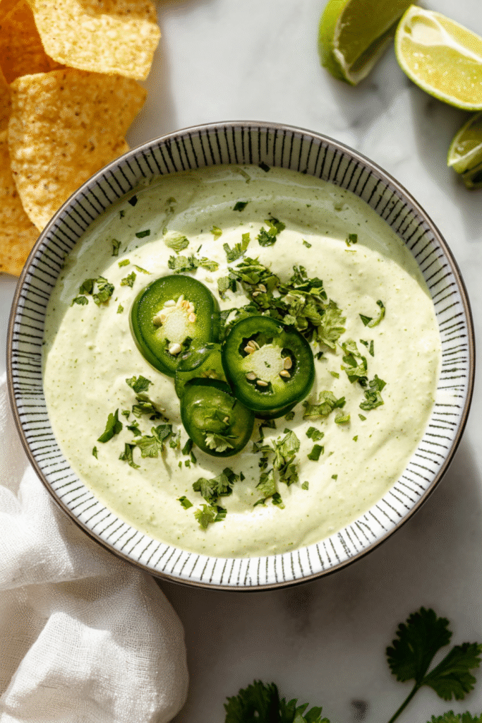 Bowl of creamy jalapeno sauce garnished with fresh cilantro and sliced jalapenos