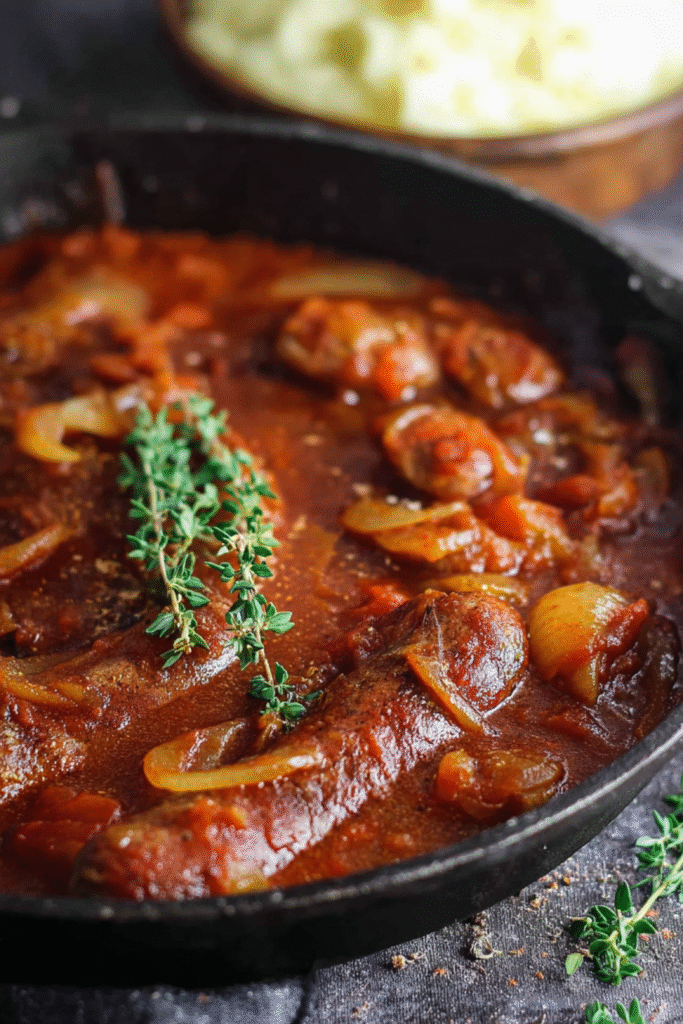Devilled sausages simmering in rich tomato chutney sauce with onions and fresh thyme