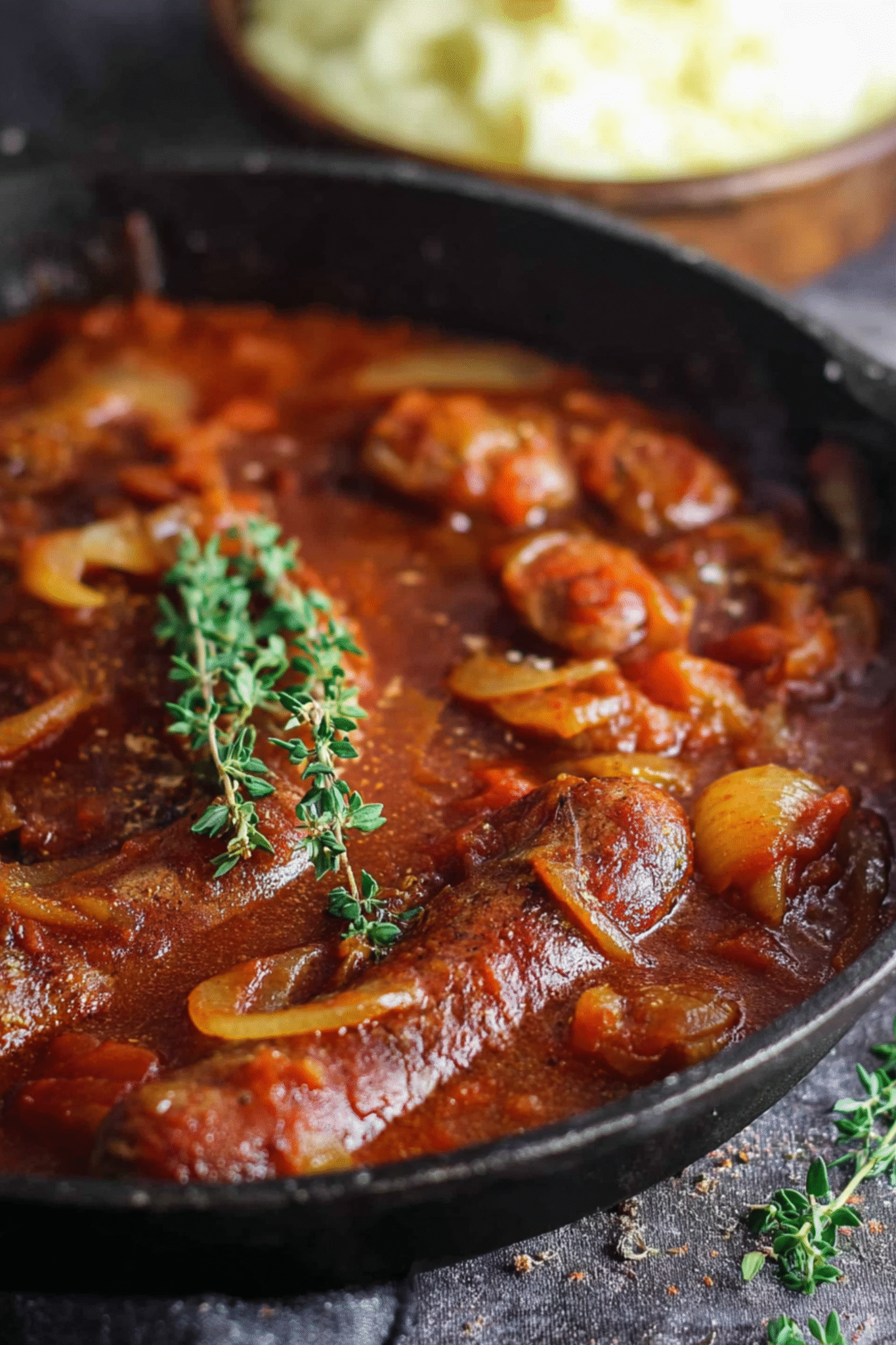 Devilled Sausages in Tomato and Chutney Sauce Devilled sausages simmering in rich tomato chutney sauce with onions and fresh thyme