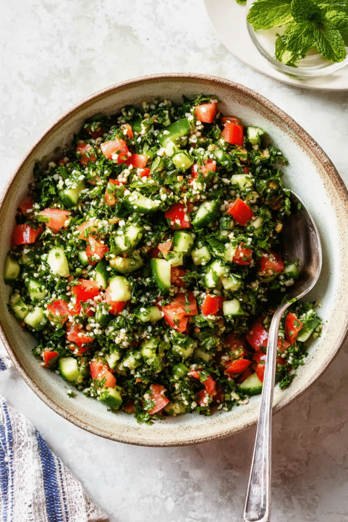 Fresh tabbouleh salad with parsley, tomatoes, cucumber, and bulgur