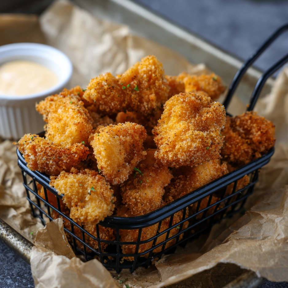 Keto Popcorn Chicken with Dipping Sauce Crispy Keto Popcorn Chicken in Basket with Dip