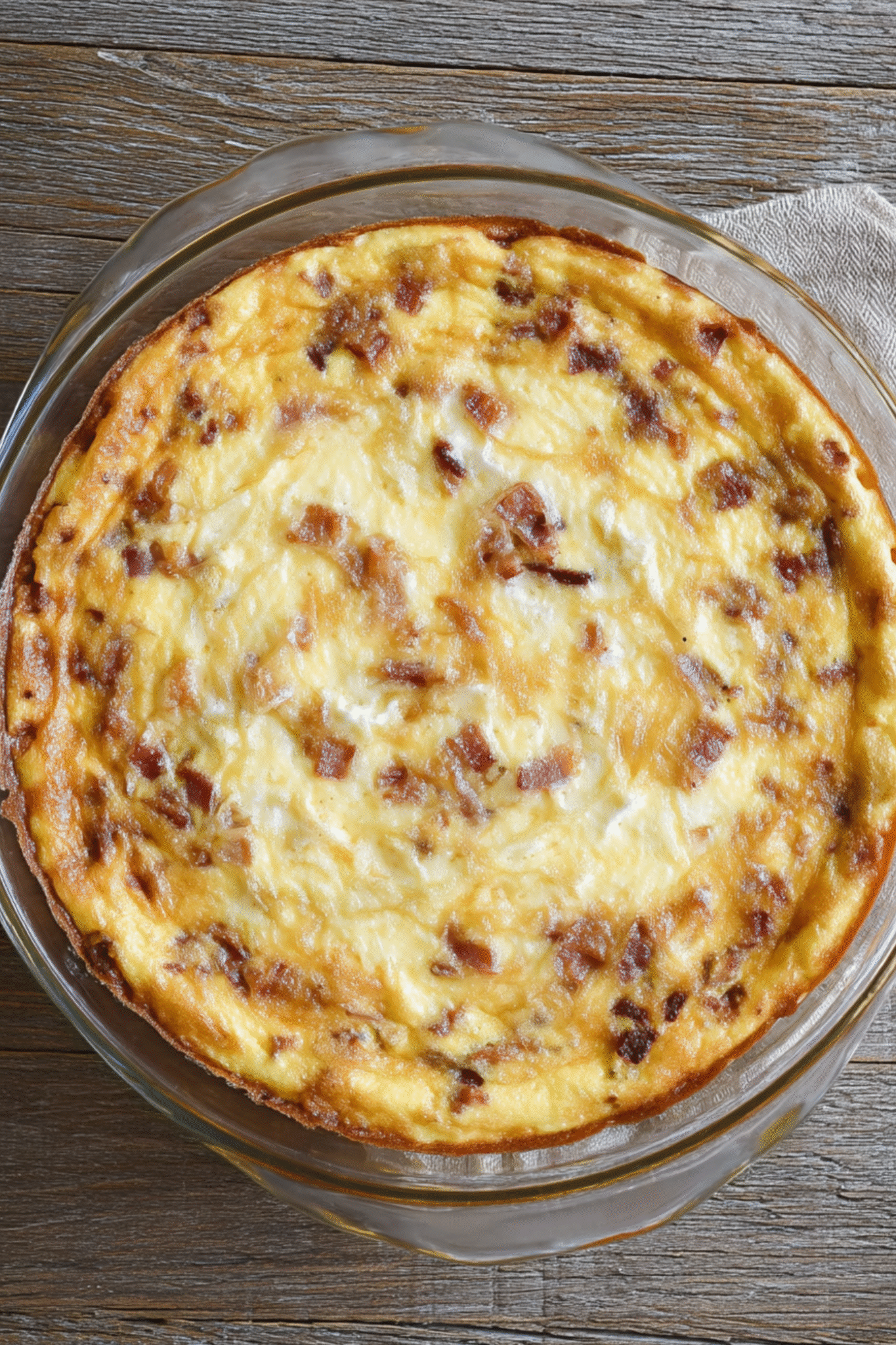 Golden Keto Crustless Quiche Lorraine in Baking Dish Freshly baked Keto Crustless Quiche Lorraine in glass pie dish