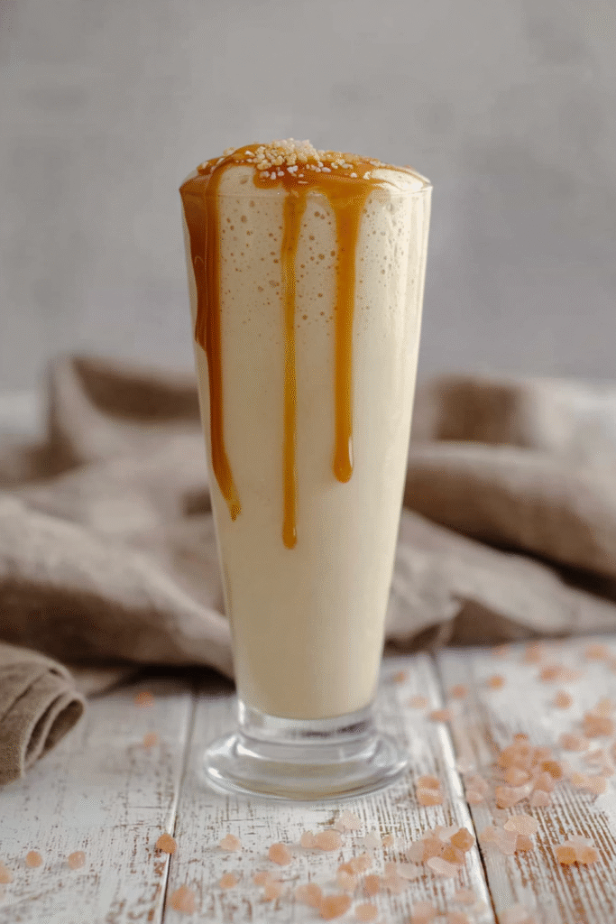 Keto Egg Fast Shake with caramel drizzle in a tall glass