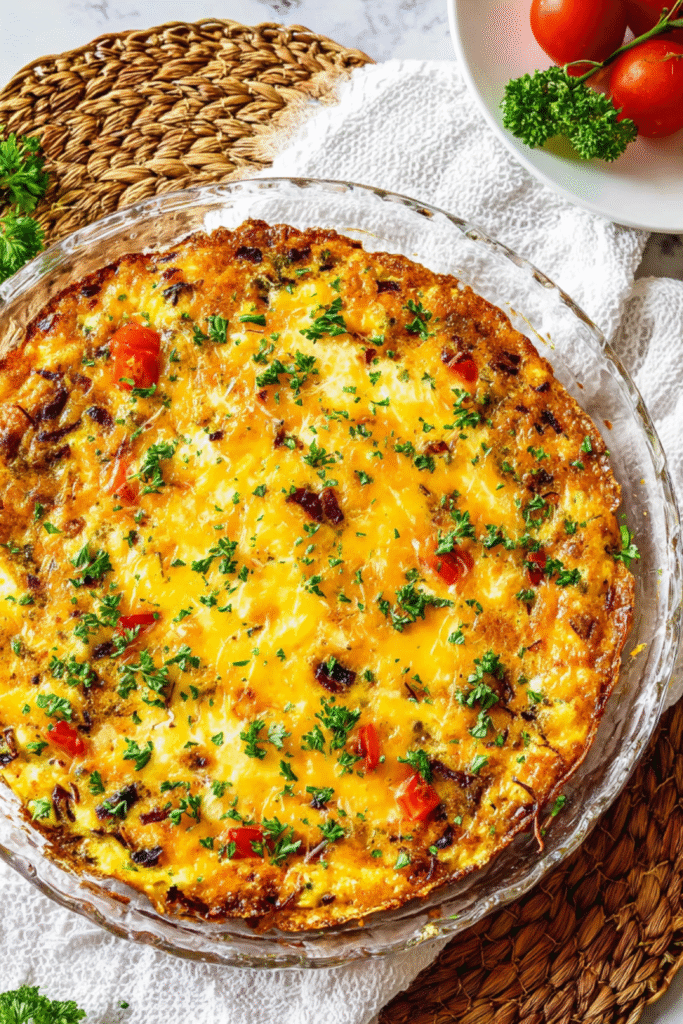 keto quiche recipe with bacon and cheddar in glass pie dish