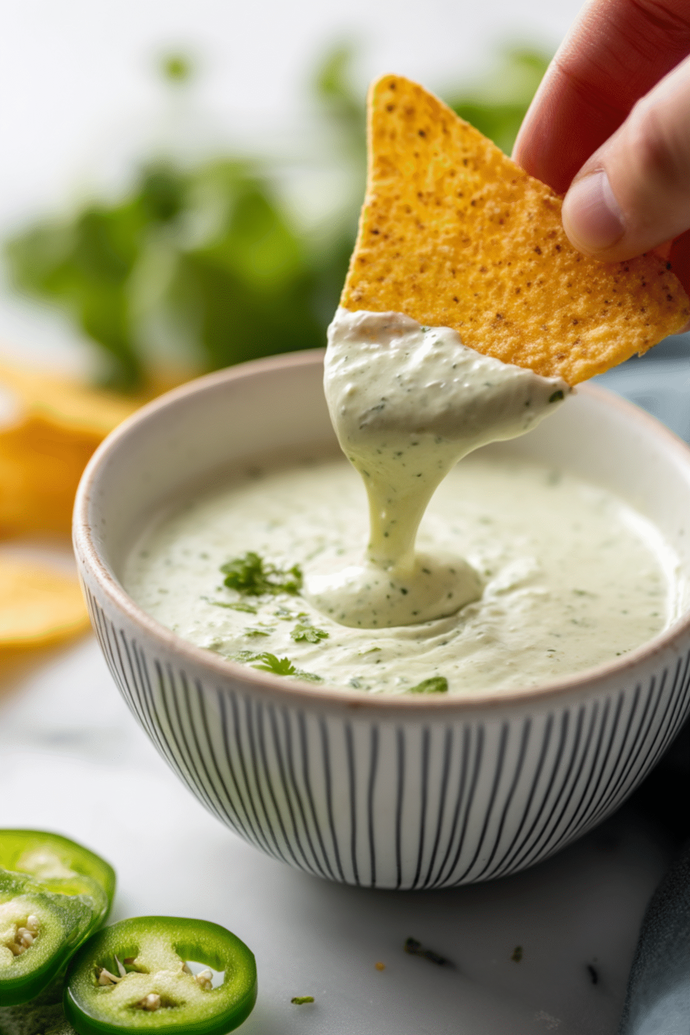 Dipping Tortilla Chips into Creamy Jalapeno Sauce Tortilla chip dipped into creamy jalapeno sauce