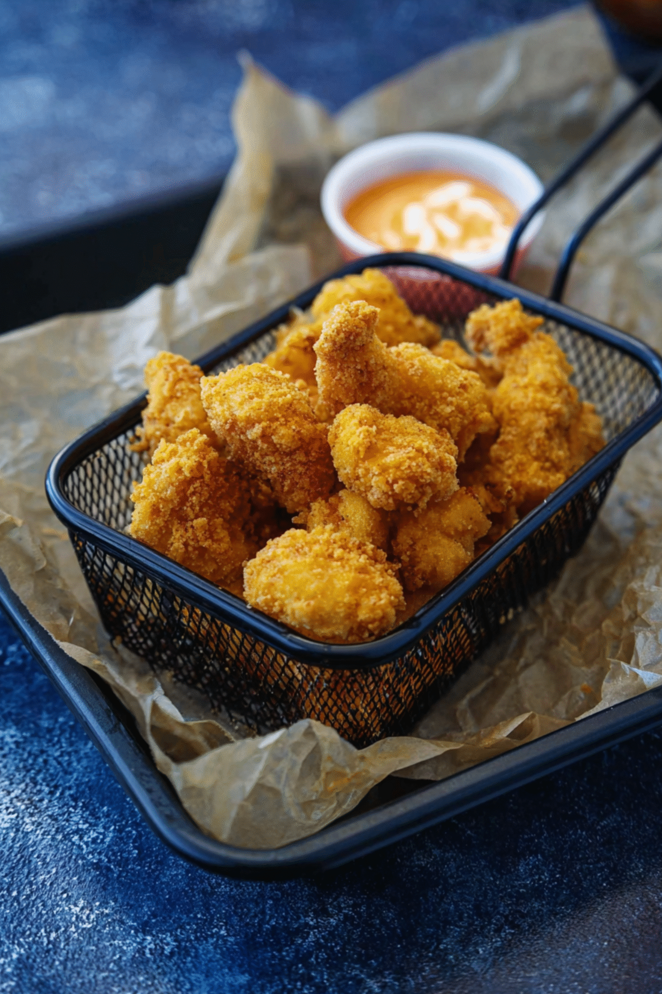 Preparing Keto Popcorn Chicken at Home Basket of Uncooked Keto Popcorn Chicken Ready to Fry