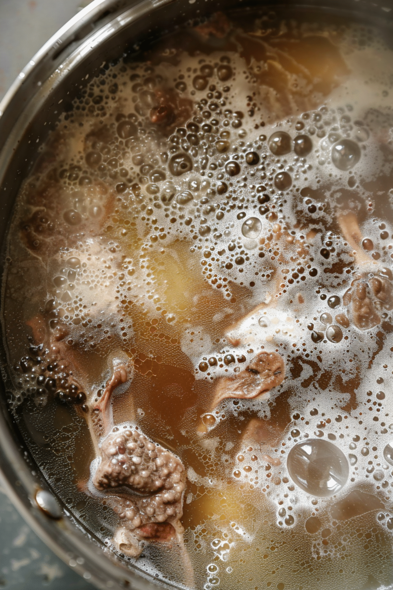 Preparing Homemade Beef Bone Broth with Simmering Bones Preparing Homemade Beef Bone Broth with bones simmering