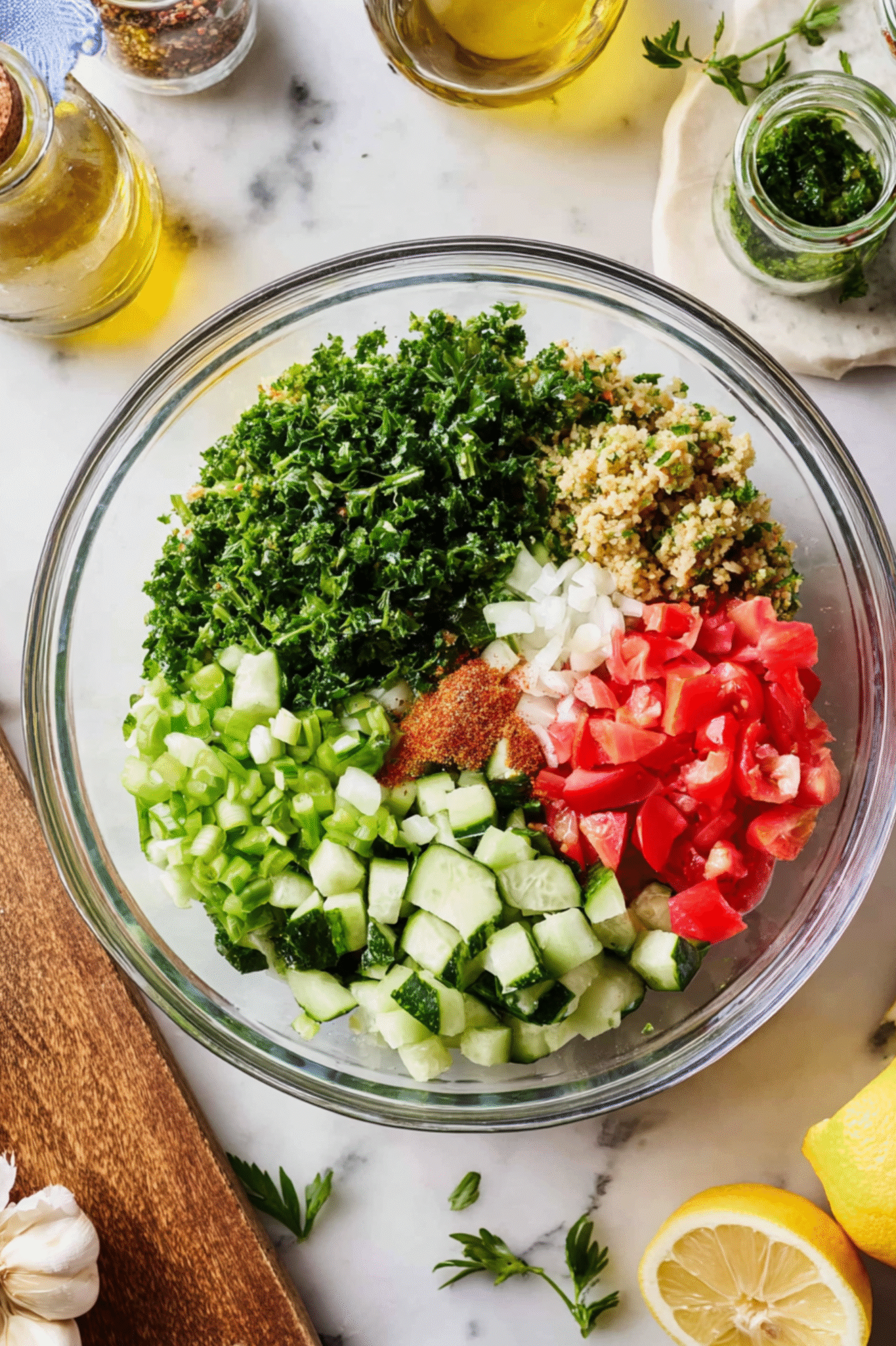 Preparing Fresh Tabbouleh Salad – Ingredient Overview Ingredients for tabbouleh salad in a glass bowl on marble counter