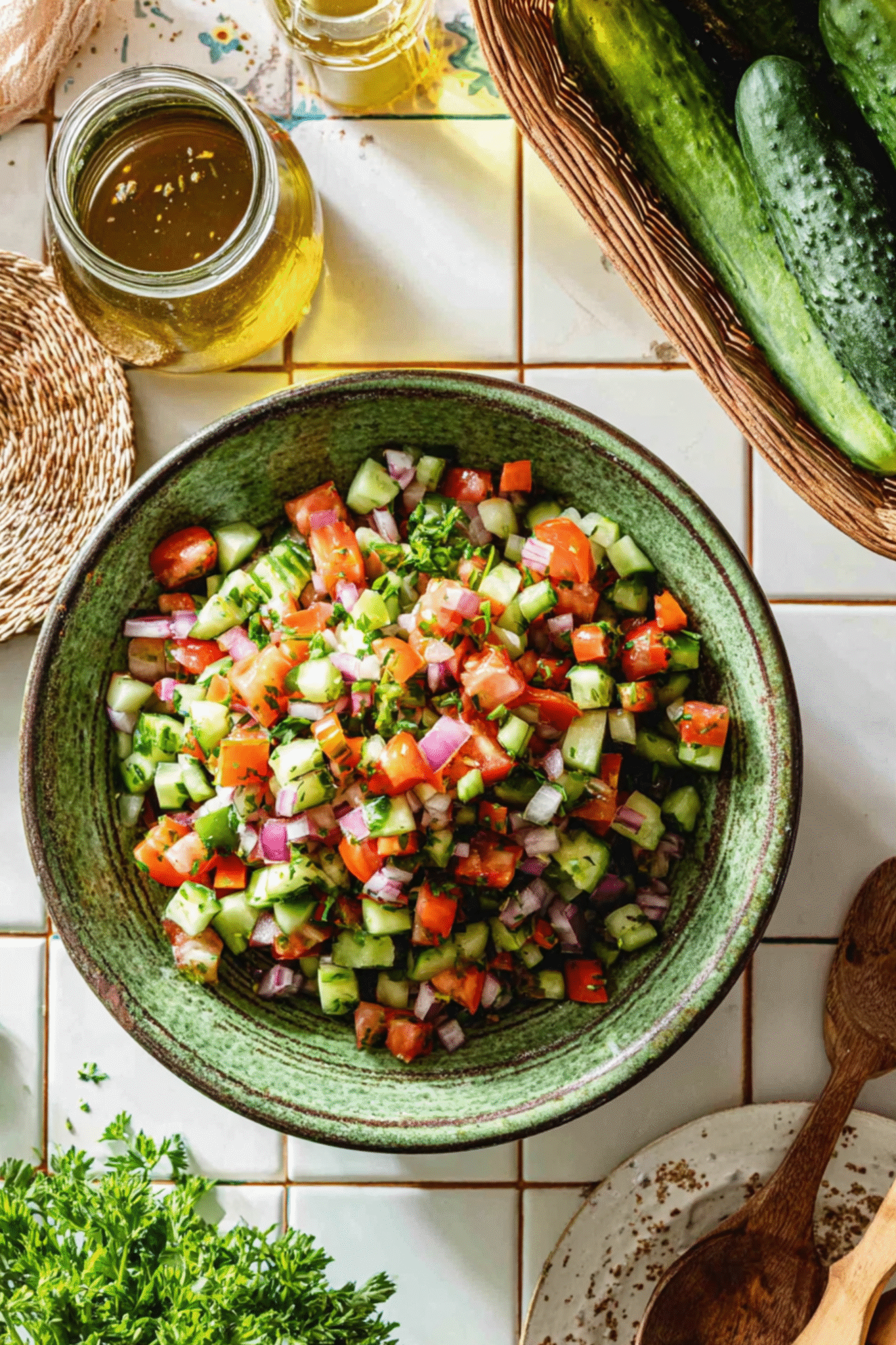 Arabic Salad with Olive Oil Dressing and Fresh Vegetables Arabic salad served in a green bowl on a tiled table with olive oil and cucumbers