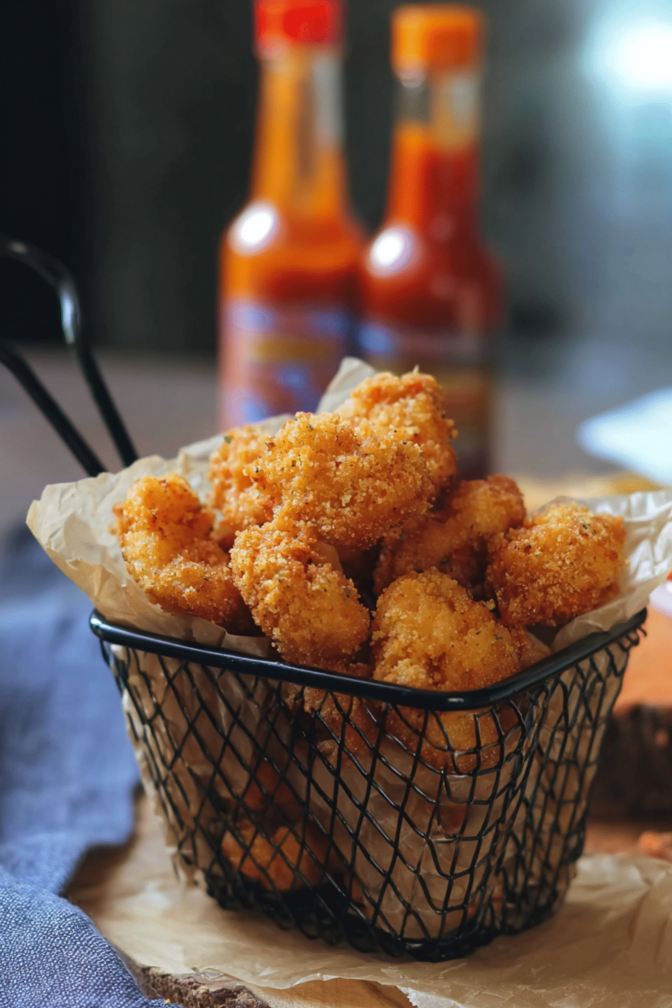 Spicy Keto Popcorn Chicken Ready to Serve Keto Popcorn Chicken Served with Hot Sauce in Background