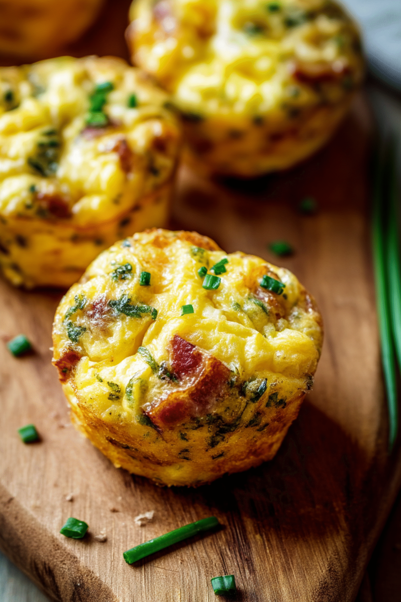Serving Bacon Egg And Cheese Muffins with Fresh Herbs Golden Bacon Egg And Cheese Muffin served on wooden board with chives